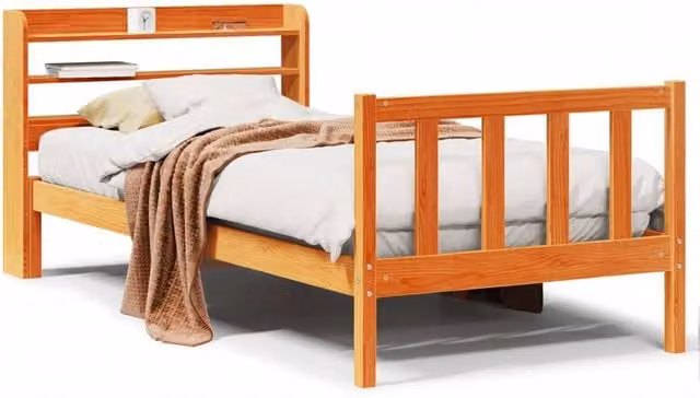 Berkfield Home Solid Pine Bed Frame with Headboard and Side Compartments, Wax Brown, W/D/H: 100 x 200 cm