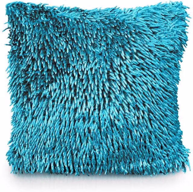 Velosso Shaggy Filled Cushion in Aqua Blue with Velvet Touch Chenille, W/D/H: 43 x 43 x 43 cm