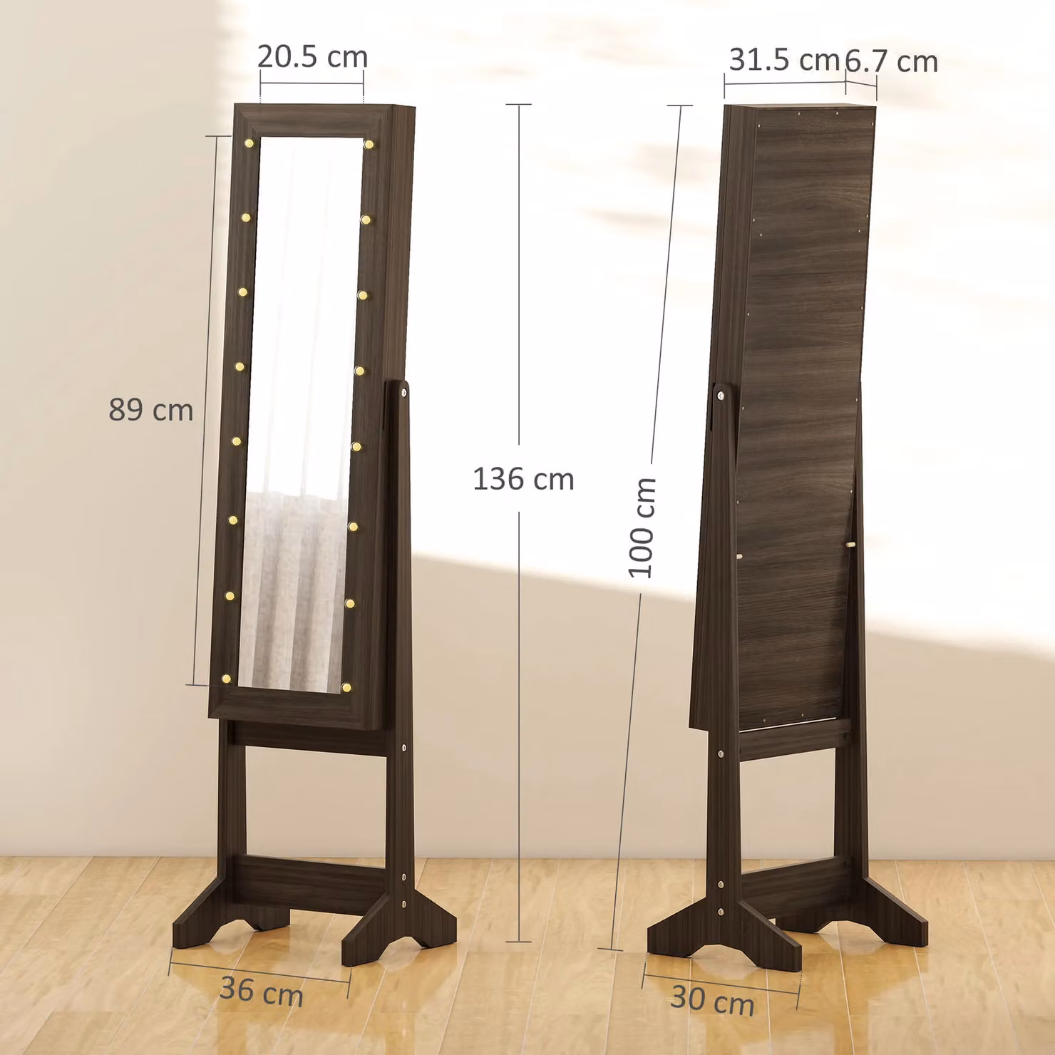 HOMCOM Freestanding LED Mirrored Jewelry Cabinet in Brown, H 136 x W 36 x D 30 cm – 8