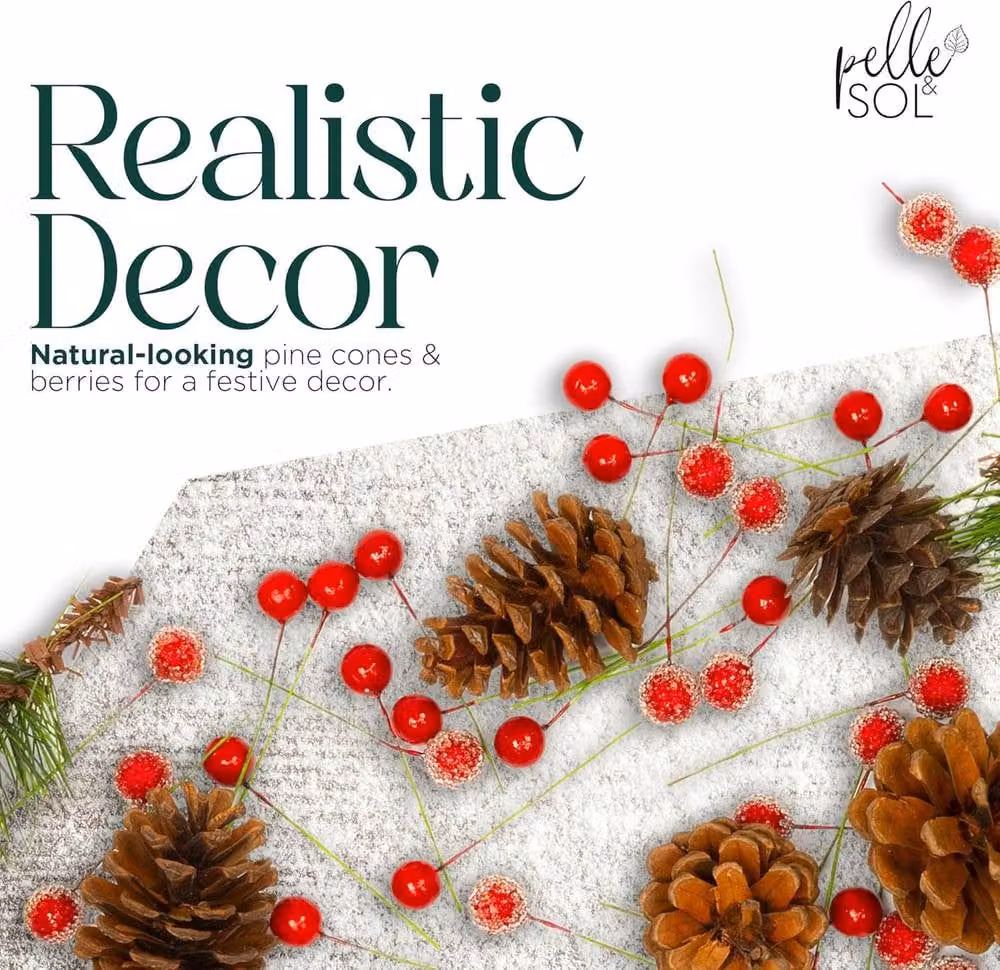 Pelle & Sol 130 Piece Christmas Crafts Realistic Pine Cones and Berry Accessory Set in Green, Red and Multicolour – 2