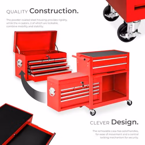 tectake Lockable and Rollable Steel Tool Chest in Red – 5