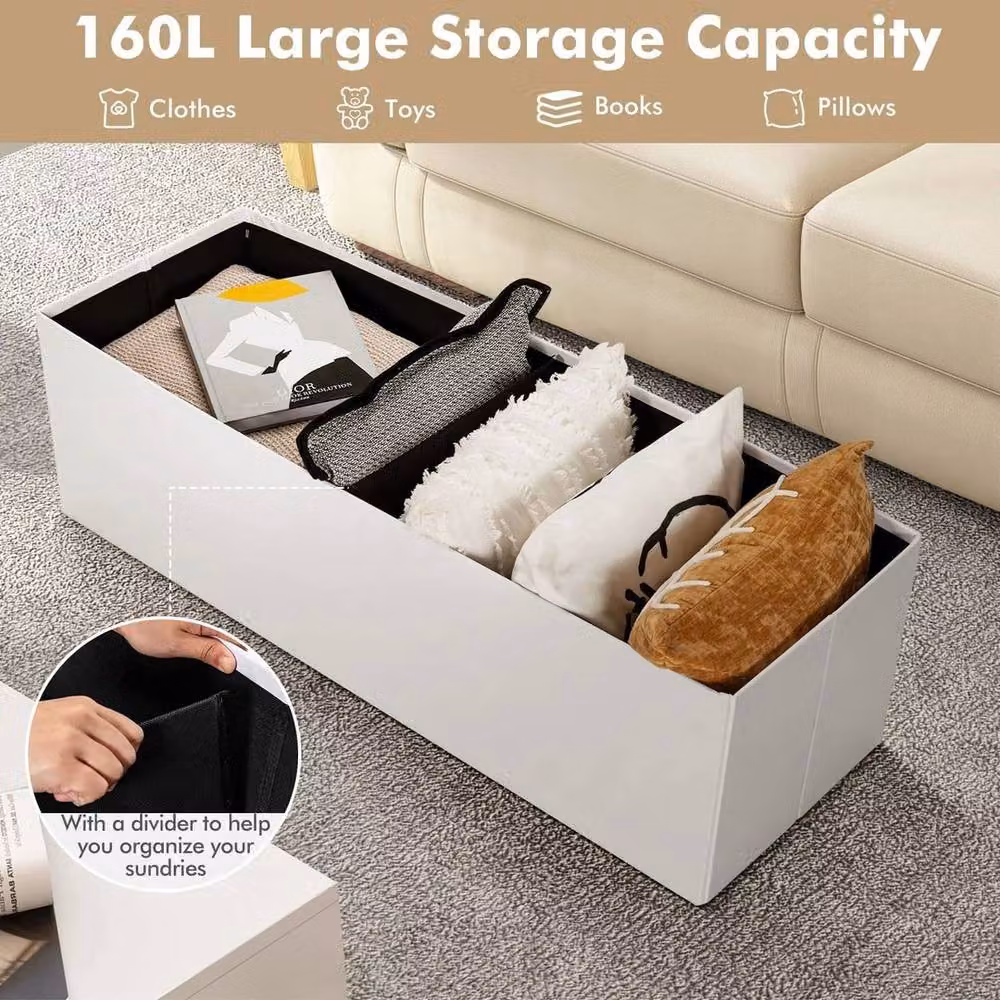 KORVIXA Foldable Storage Ottoman Bench with Divider in White Synthetic Leather – 3
