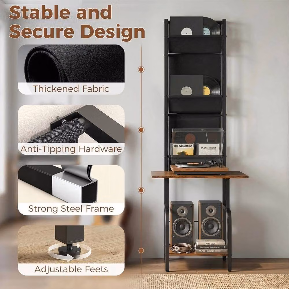 EONLION Industrial Vinyl Record Player Stand with Media Compartments in Black and Brown, W: 50 cm – 4
