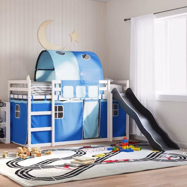 Berkfield Home Blue Solid Wood Childrens Bunk Bed with Slide and Curtains W/D/H: 90 x 200 cm – 1