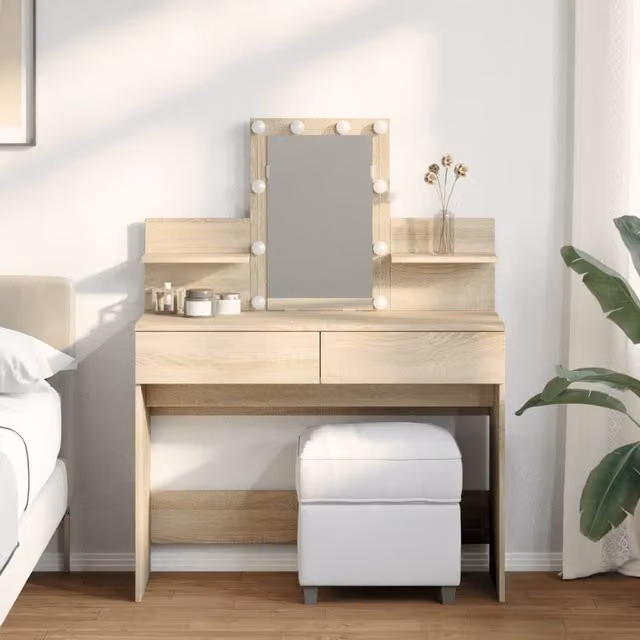 Berkfield Home Modern Dressing Table with LED Hollywood Mirror in Sonoma Oak Brown, W: 100 cm, D: 40 cm, H: 130 cm – 1