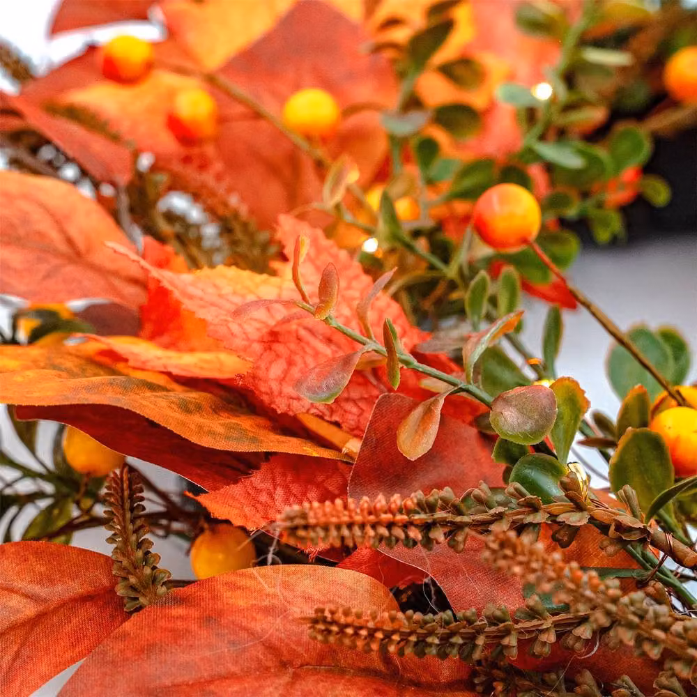 BOSK Copper Leaf Autumn Wreath with Warm White LED Microbulbs in Orange and Gold, Diameter: 66.04 cm – 2