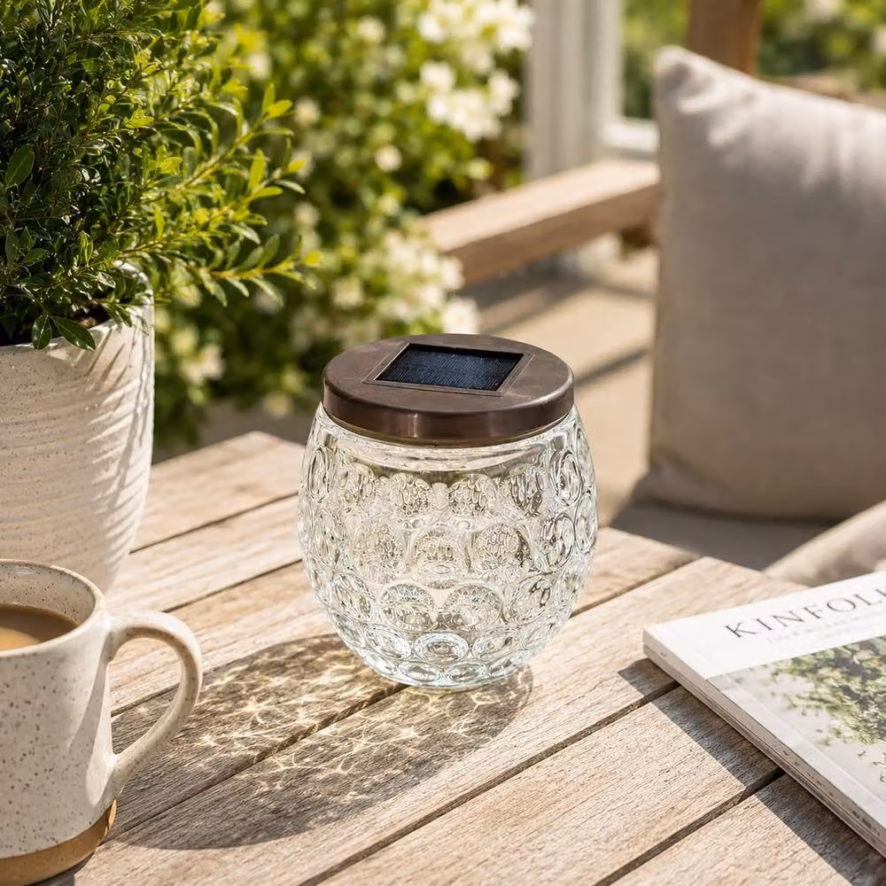 Marco Paul Large Dimpled Glass Solar Garden Lantern with LED Warm White Light and Dusk Sensor in Clear – 3