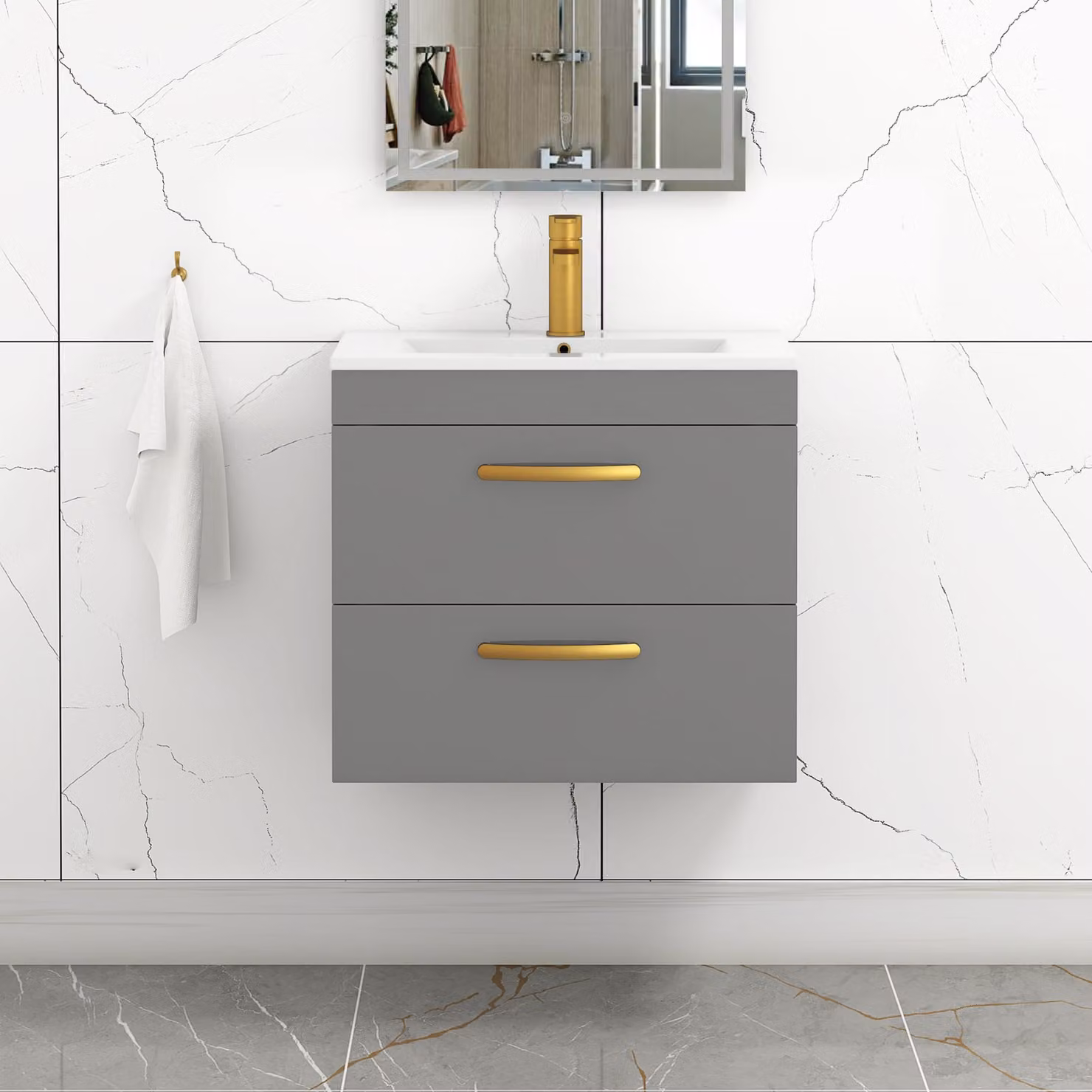 Royal Bathrooms Modern Wall Hung Vanity Basin Unit, Indigo Grey Gloss, Width: 60 cm