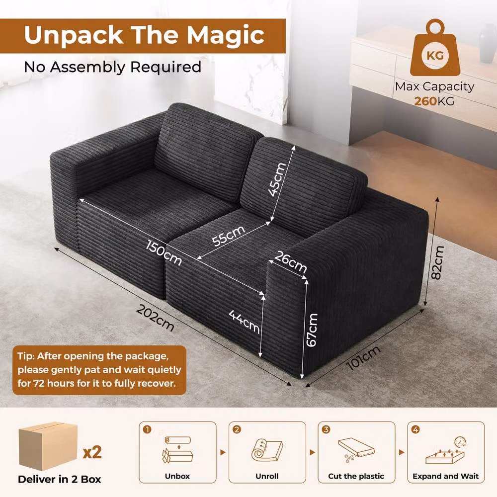 Dprodo Corduroy Modular Loveseat Sofa in Black with Matching Ottoman and Removable Covers, W: 202 cm, D: 101 cm, H: 82 cm – 2