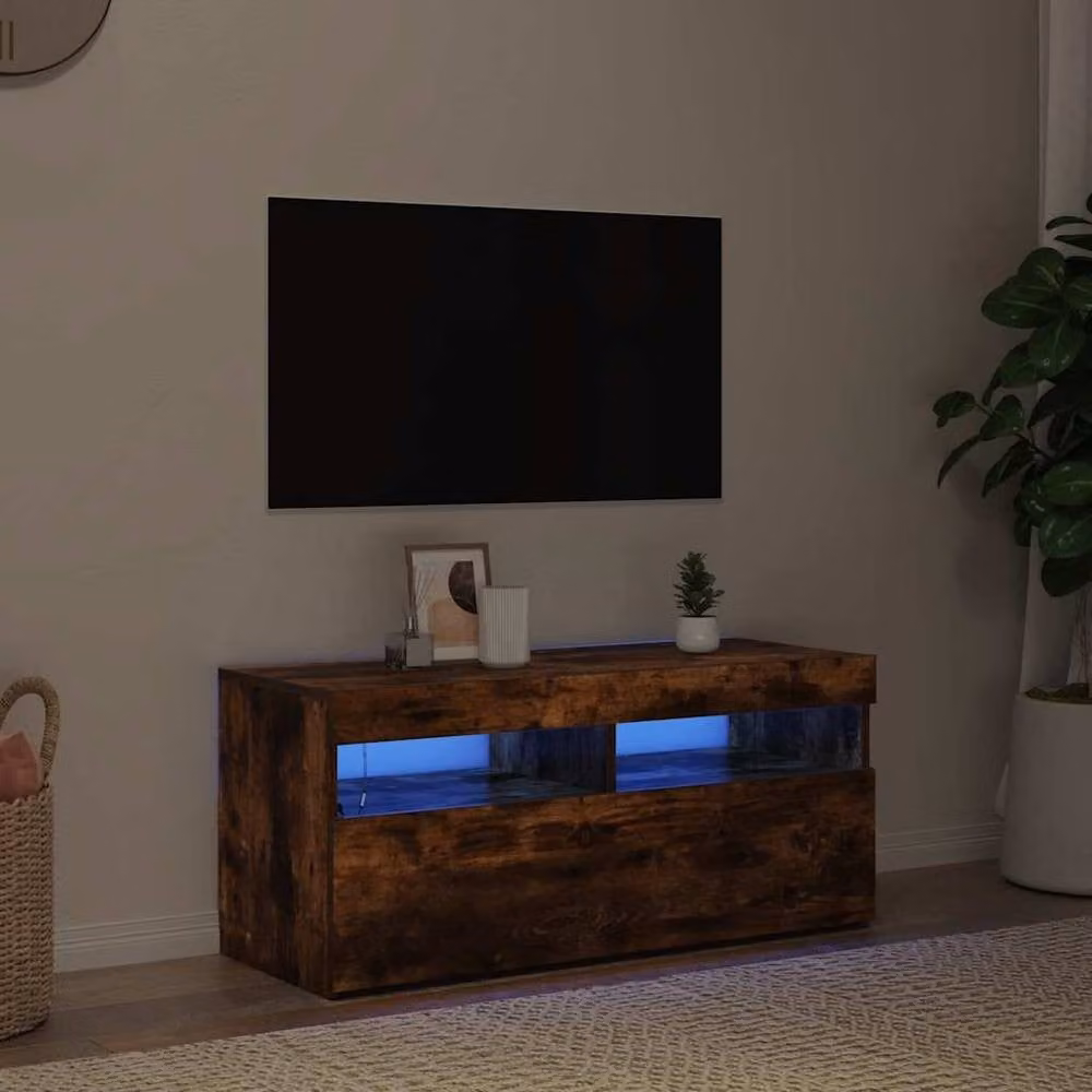 Berkfield Home Modern TV Cabinet with LED Lights in Smoked Oak Brown, W/D/H: 90 x 35 x 40 cm – 3