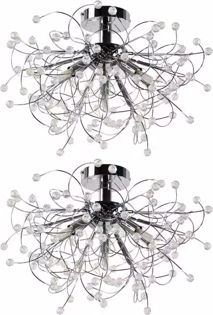 First Choice Lighting Burst Set of 2 Dimmable LED Ceiling Lights in Chrome and Silver with Glass Beaded Jewels