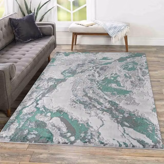 Modern Emperor Thick Abstract Area Rug in Picasso Aqua Multicolour, Width: 120 cm