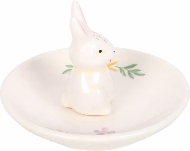 KDMK White Ceramic Easter Bunny Floral Trinket Dish and Round Tabletop Tray