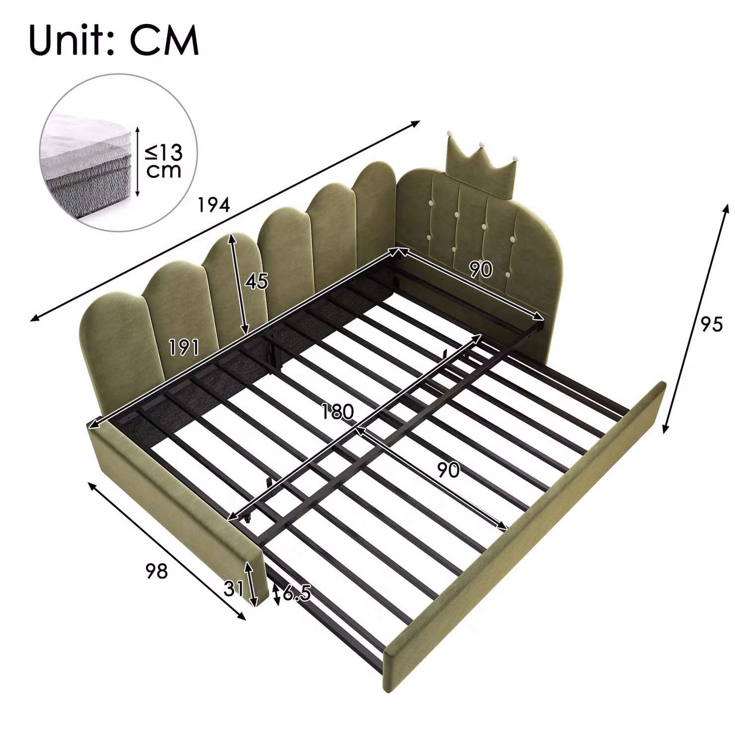 Aosom UK Green Velvet Upholstered Daybed with Pull-Out Trundle and Lattice Detail Crown-Headboard, W/D/H: 194 x 98 x 95 cm – 3
