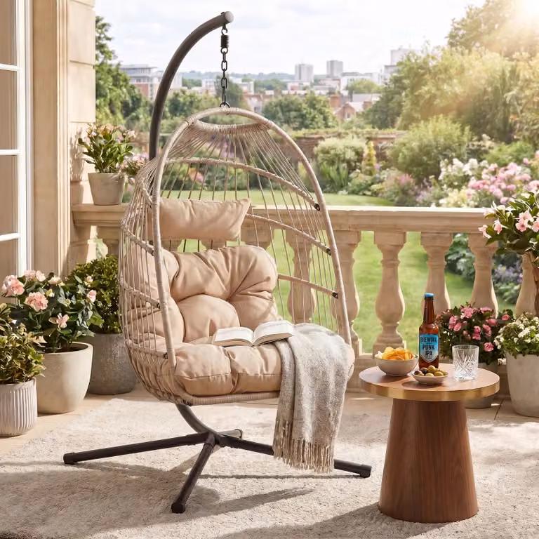 DHS Foldable Hanging Egg Chair with Stand in Beige