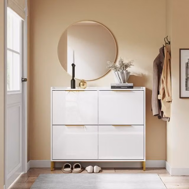 SoBuy High Gloss Slim Shoe Cabinet with 4 Tilting Compartments and Gold Handles, White