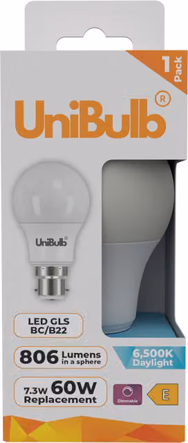 UniBulb Dimmable LED GLS B22 Light Bulb, 806lm, 6500K Cool White Daylight