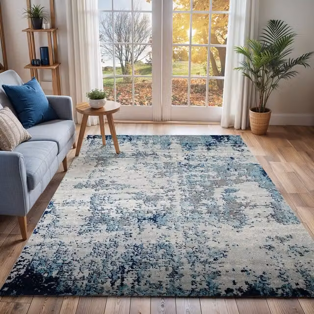 Livabliss Sunderland Abstract Modern Marble Rug in Navy Blue and Grey, W: 200 cm, L: 275 cm