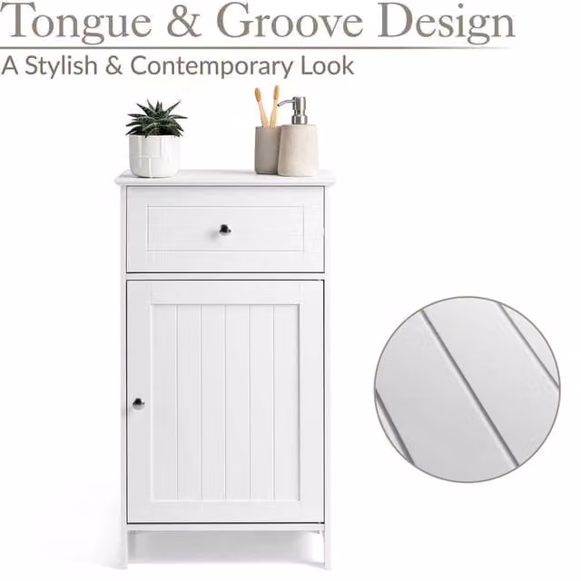 Havendro White Bathroom Storage Cupboard Unit with Single Door and Drawer, H 77 cm x W 43 cm x D 34 cm