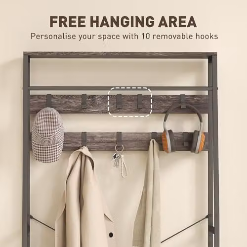 HOMCOM Industrial Hall Tree with Bench and 10 Hooks in Grey – 4