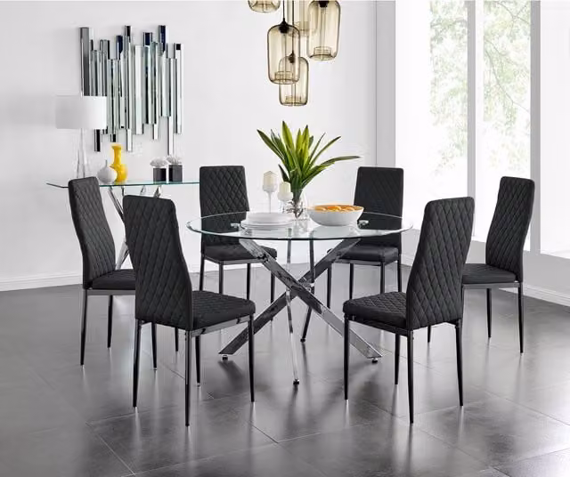 FurnitureboxUK Novara Round Glass Dining Table with Six Milan Black Leg Chairs
