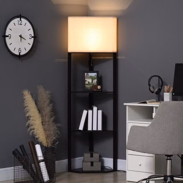 HOMCOM Modern Corner Floor Lamp with 3 Shelves in Black and Yellow – 1
