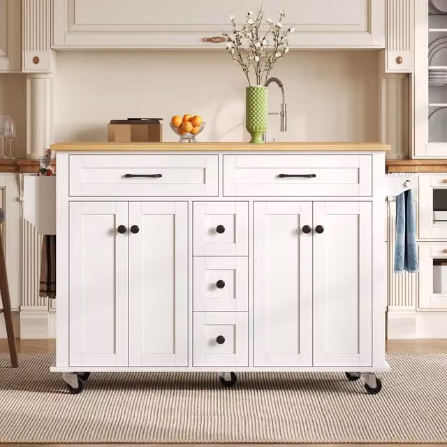 Aosom UK Versatile Kitchen Trolley with Extendable Worktop and 5 Drawers in White and Natural, W: 65 cm, D: 65 cm, H: 89 cm – 1