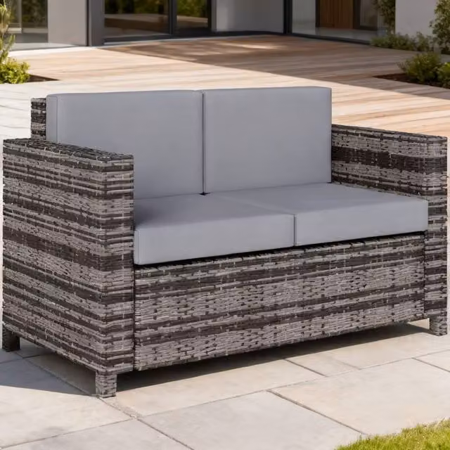 ERGOVEXA 2 Seater Rattan Garden Sofa in Grey with Upholstered Cushions – 1