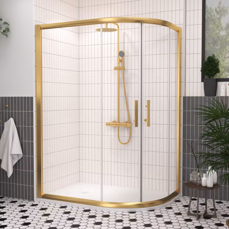 Royal Bathrooms Venice Offset Quadrant Shower Enclosure with White Mineral Cast Stone Tray, Brushed Brass, W: 120 cm, D: 80 cm, 6mm Double Sliding Door