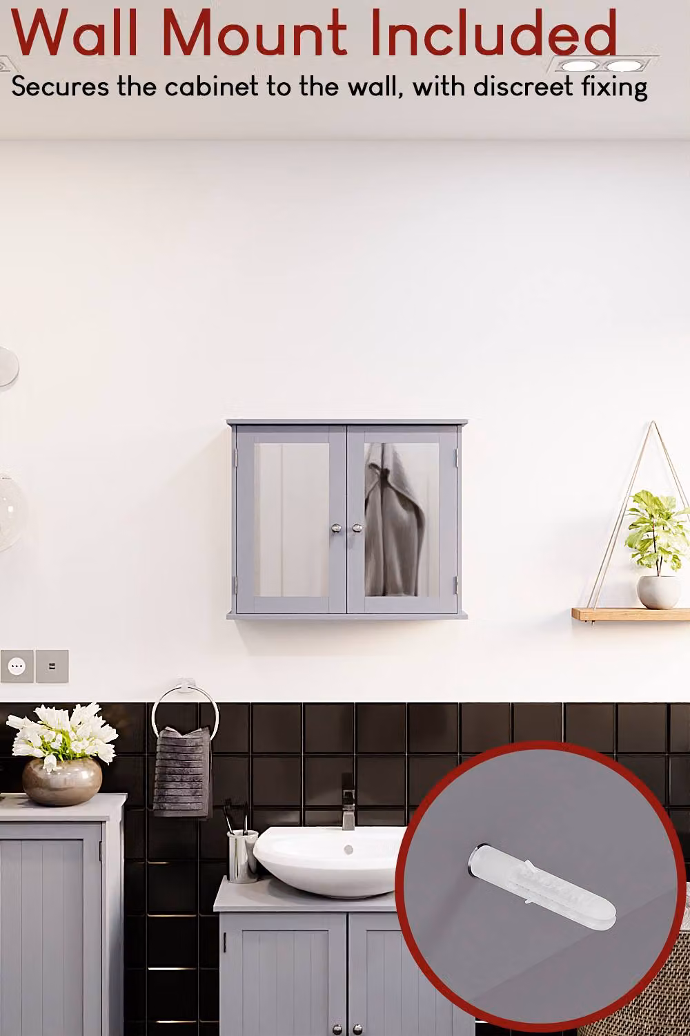 HD Designs Priano 2 Door Mirrored Wall Mounted Cabinet with Internal Shelves in Matt Dark Grey – 3