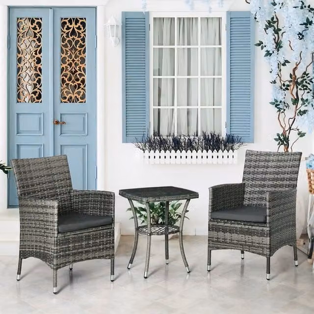 OUTSUNNY 3-Piece Rattan Bistro Set with Table and Chairs in Dark Grey – 1