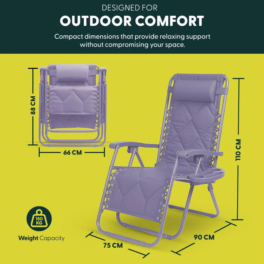 Keplin Set of 2 XXL Premium Heavy Duty Quilted Zero Gravity Chairs in Purple – 2