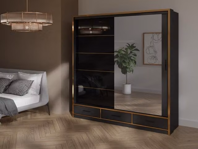 RAC3 Modern Black and Gold Sliding Mirror Wardrobe with Integrated LED Lighting and Drawers, Height: 205 cm