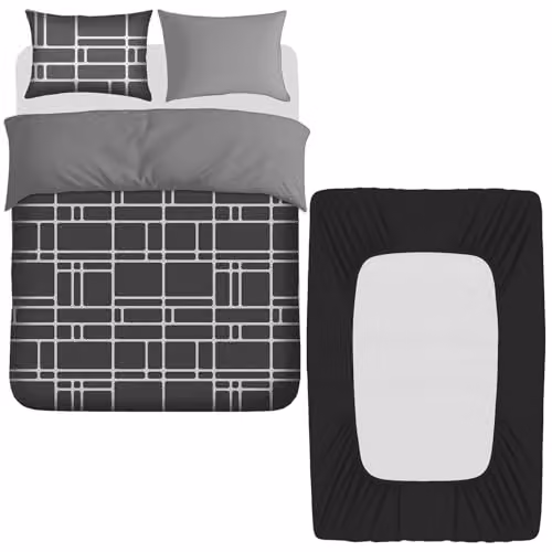Pamposh Grace Luxury 4 Piece Reversible Microfibre Duvet Cover Set with Fitted Sheet and Pillowcases in Black or Grey – 1