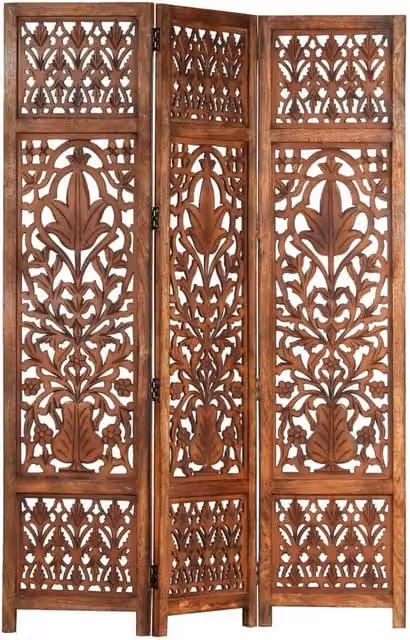 Berkfield Home Hand Carved 3-Panel Floral Room Divider in Brown Solid Mango Wood, W: 120 cm, H: 165 cm – 1