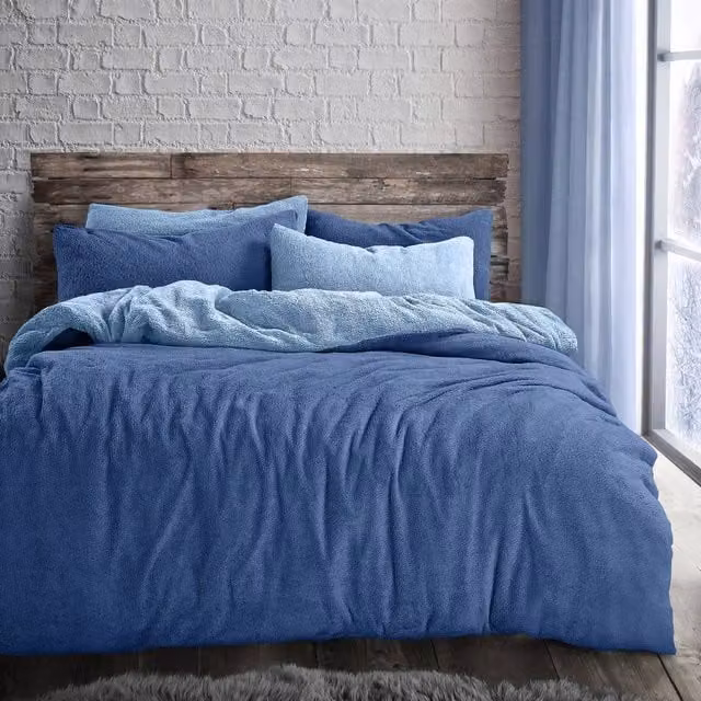 Velosso Teddy Two Tone Blue Duvet Cover and Pillowcase Set, Double, W/D/H: 200 x 220 cm and 140 x 200 cm