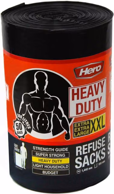 Hero Heavy Duty Extra Large Bin Bags, 100L, Black, Roll of 50