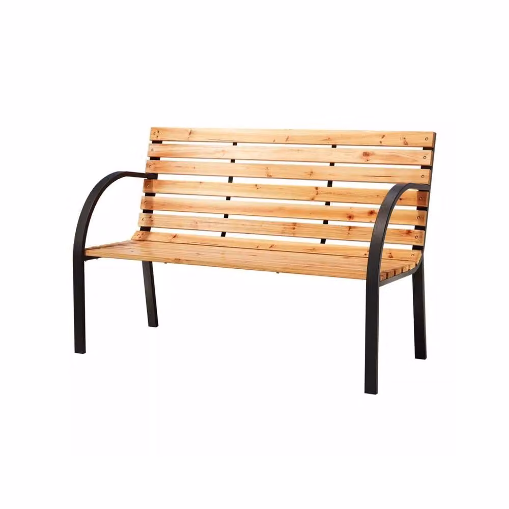 Home Source 2 Person Garden Bench with Metal Frame and Natural Curved Wooden Seats, Black, W/D/H: 122 x 60 x 80 cm – 3