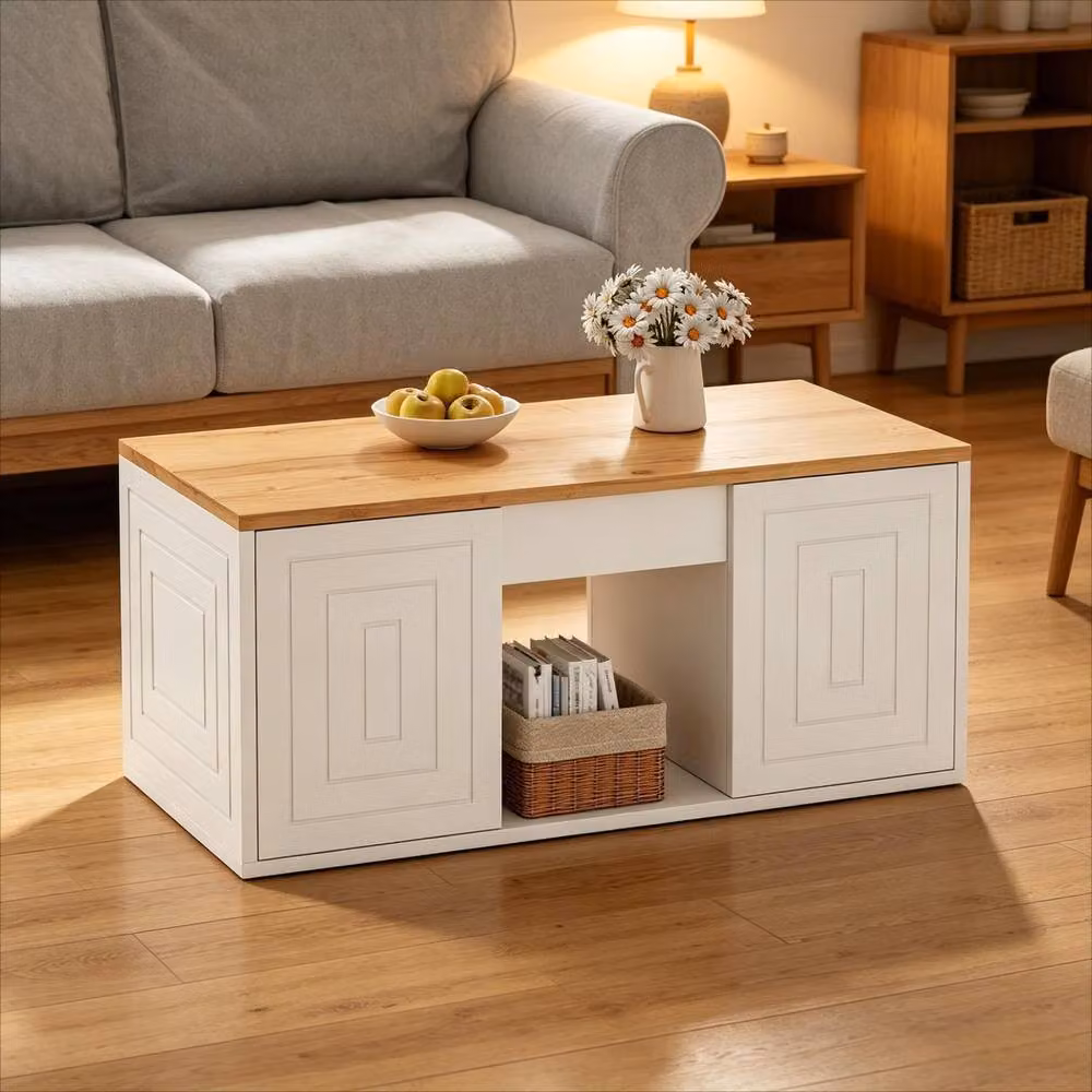 Rolipo Height Adjustable Modern Coffee Table with Storage Cabinets in White and Brown Wood Finish – 4