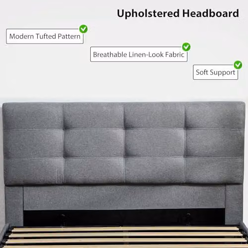 HOMCOM King Ottoman Bed with Gas Lift and Tufted Linen Headboard, Grey, W: 150 cm, D: 200 cm, H: 194 cm – 5
