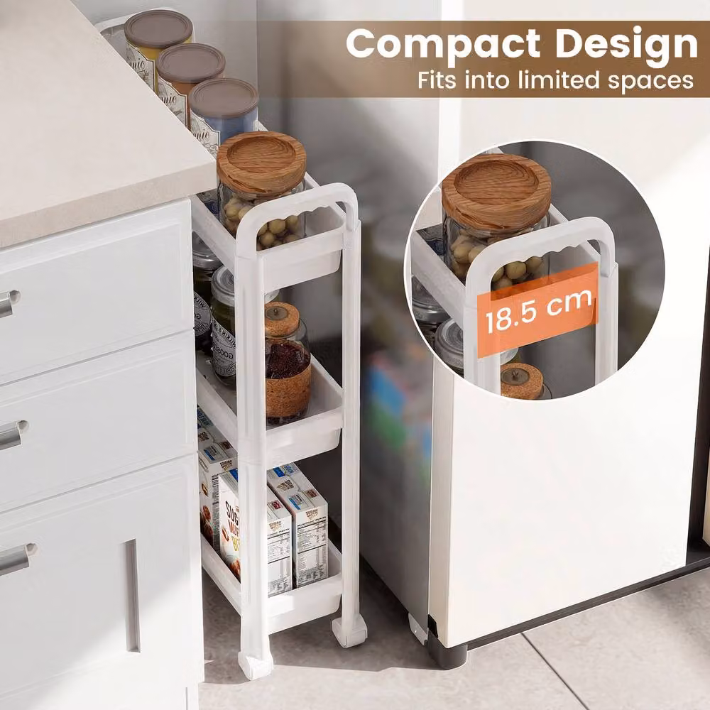 Costway 3-Tier Rolling Storage Cart Slim Bathroom and Kitchen Organiser in White – 6