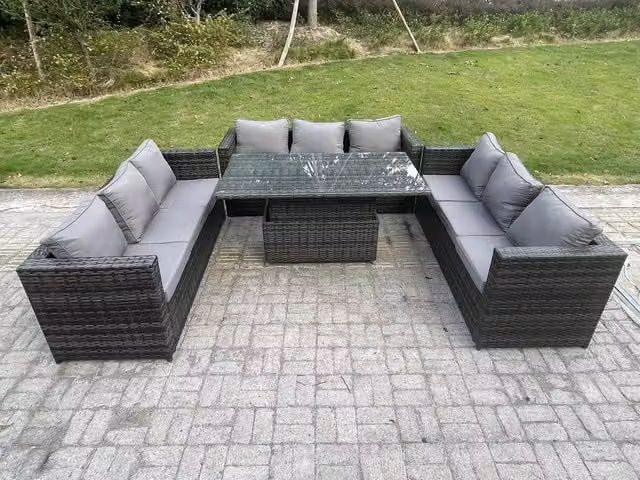 Fimous 9 Seater Rattan Outdoor Garden Furniture Set with Adjustable Rising Lifting Dining Table in Dark Grey