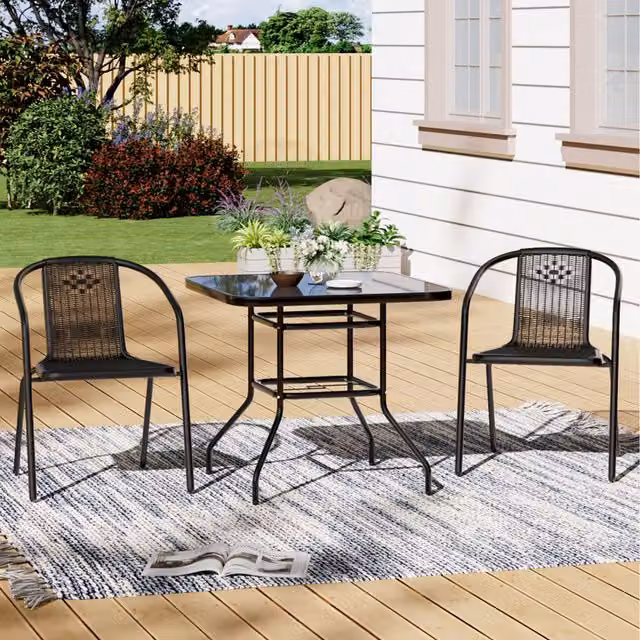 Livingandhome 3 Piece Metallic Garden Bistro Set with Umbrella Hole in Black