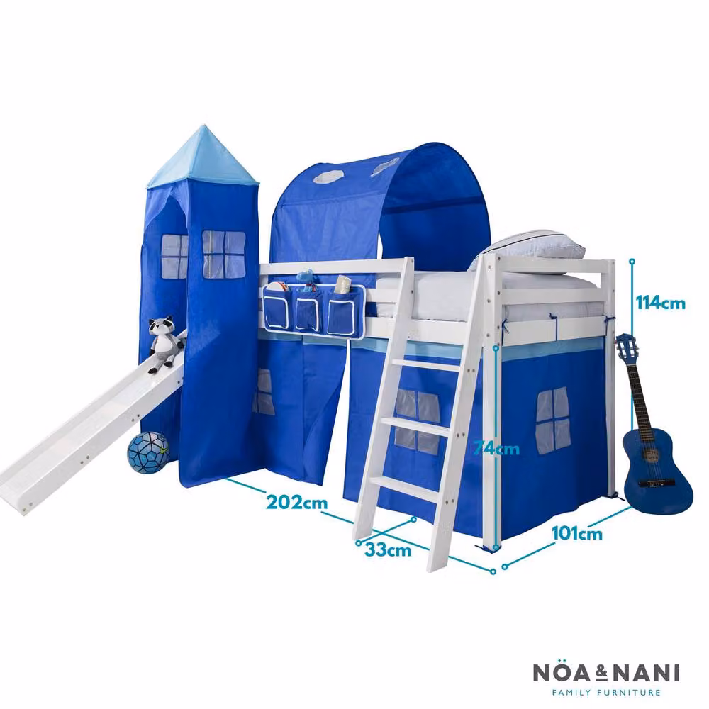 Nöa and Nani Moro Cabin Midsleeper Bed with Slide and Side Compartments, White and Blue, Single Size, 90 x 190 cm – 5