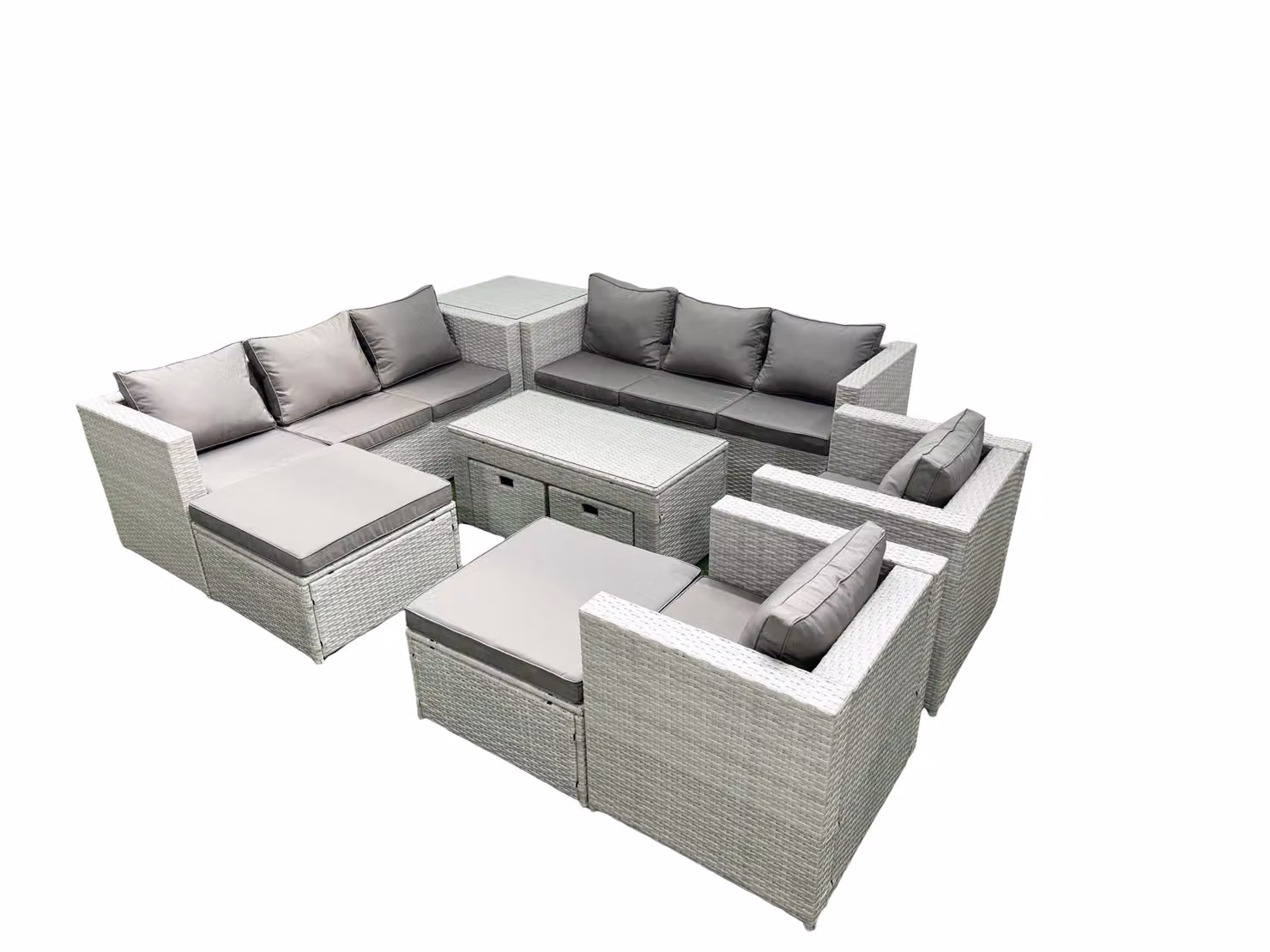 Fimous Rattan Garden Furniture Set in Grey with 2-Seater Sofa, Lounge Armchair, Coffee Table and Ottomans – 2
