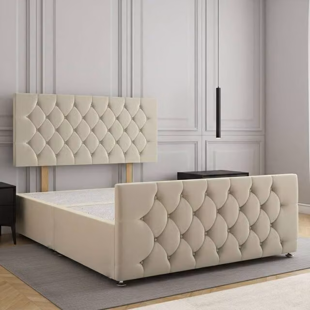 Regional Furnishings Plush Velvet Upholstered Single Divan Bed with 24 inch Headboard and 20 inch Footboard in Beige, W/D/H: 90 x 200 cm