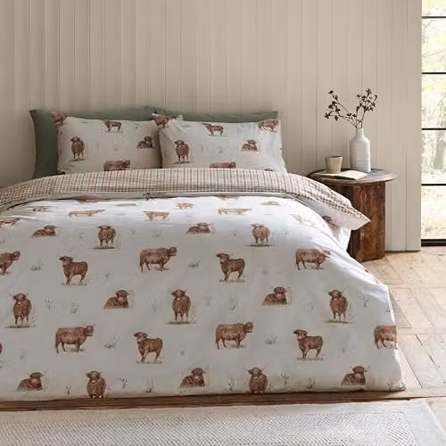 Catherine Lansfield Angus Highland Cow Reversible Single Duvet Cover and Pillowcase Set in Natural/Beige, W/D/H: 135 x 200 cm and 50 x 75 cm – 1