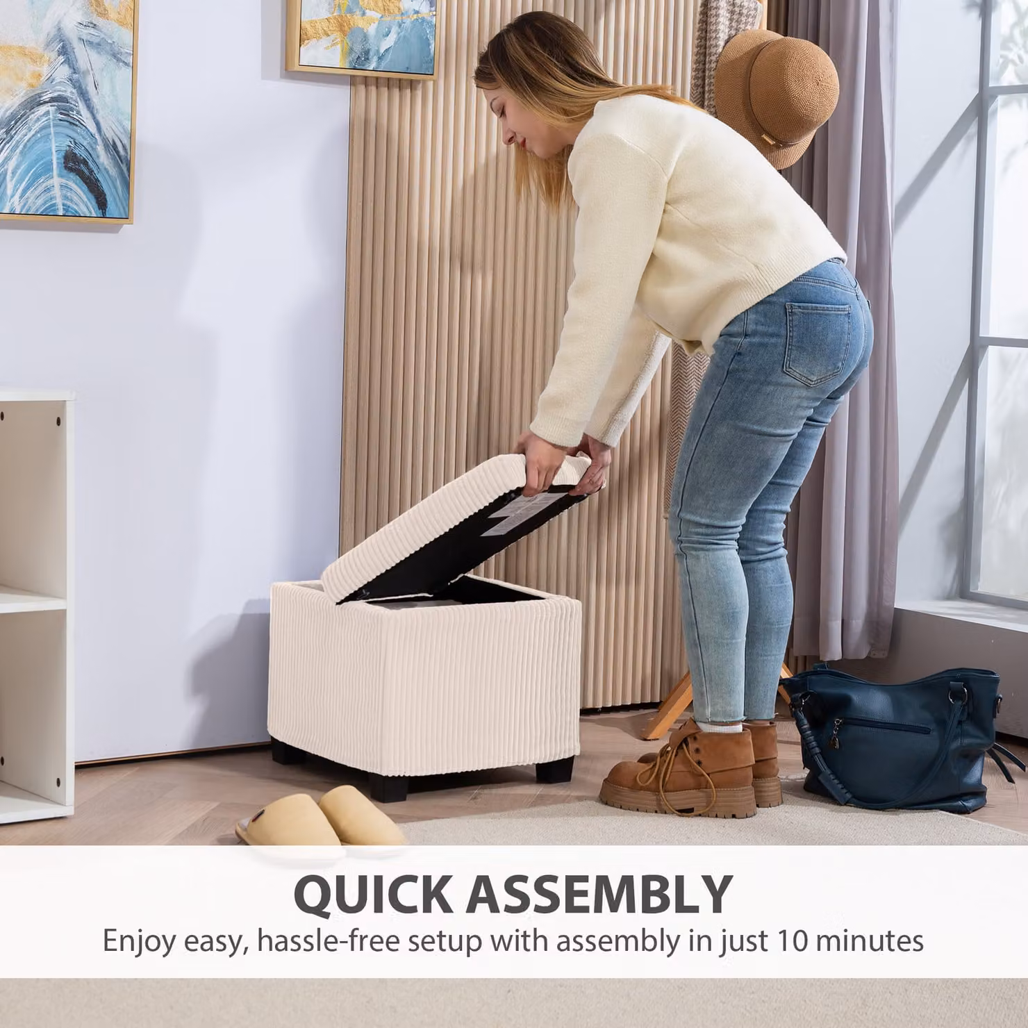 HOMCOM Corduroy Storage Ottoman Bench in Beige with Removable Lid and Metal Legs – 3