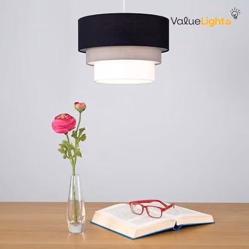 MiniSun Set of 2 Round Modern 3 Tier Fabric Ceiling Pendant Light Shades in Black, Grey and White, Shade Width: 30 cm – 4
