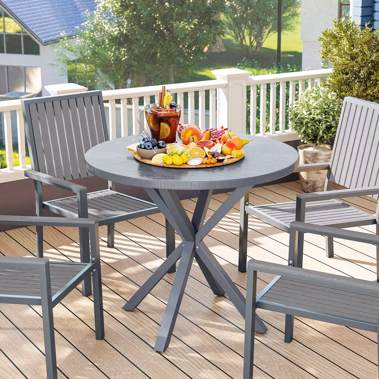 Outsunny Round Garden Dining Table with Wood Effect MDF Top and Powder Coated Steel Frame, Grey, Diameter: 85 cm – 2